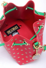 Load image into Gallery viewer, SCORE! Sarah Jean Small Crossbody Polka dot BoHo Bucket Bag - Red, Gold and Green
