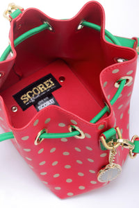 SCORE! Sarah Jean Small Crossbody Polka dot BoHo Bucket Bag - Red, Gold and Green