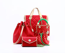 Load image into Gallery viewer, SCORE! Sarah Jean Small Crossbody Polka dot BoHo Bucket Bag - Red, Gold and Green
