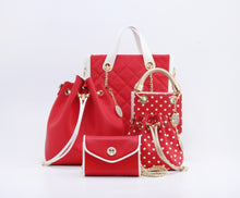 Load image into Gallery viewer, SCORE! Sarah Jean Small Crossbody Polka Dot BoHo Bucket Bag - Red, White and Gold
