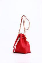 Load image into Gallery viewer, SCORE! Sarah Jean Crossbody Large BoHo Bucket Bag - Red, White, and Gold
