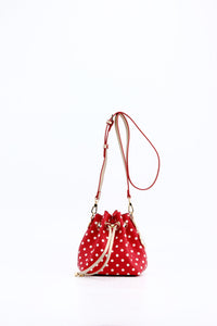 SCORE! Sarah Jean Small Crossbody Polka Dot BoHo Bucket Bag - Red, White and Gold UNLV Rebels,Youngstown State Penguins, Bradley Braves, Marist Red Fox, Redford Highlanders, Sacred Heart Pioneers, Saint Francis Red Flash, Fairfield Stags, Jacksonville State Game Cocks, Cornell Big Red, SIU Edwardsville Cougars, South Dakota Coyotes, Illinois State Redbirds, Boston University Terriers, Austin Peay Governors