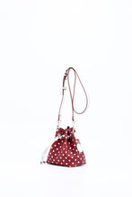 Load image into Gallery viewer, SCORE! Sarah Jean Small Crossbody Polka dot BoHo Bucket Bag- Maroon Crimson and White
