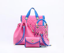 Load image into Gallery viewer, SCORE! Sarah Jean Crossbody Large BoHo Bucket Bag - Pink and Blue
