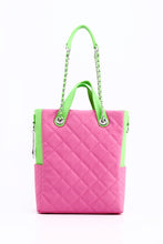 Load image into Gallery viewer, SCORE!&#39;s Kat Travel Tote for Business, Work, or School Quilted Shoulder Bag - Pink and Lime Green
