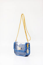 Load image into Gallery viewer, SCORE! Chrissy Small Designer Clear Crossbody Bag - Royal Blue and Yellow Gold
