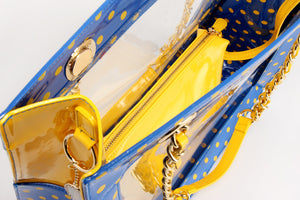 SCORE! Andrea Large Clear Designer Tote for School, Work, Travel - Imperial Blue and  Yellow Gold