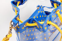 Load image into Gallery viewer, SCORE! Clear Sarah Jean Designer Crossbody Polka Dot Boho Bucket Bag- Royal Blue &amp; Yellow Gold
