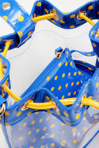 SCORE! Clear Sarah Jean Designer Crossbody Polka Dot Boho Bucket Bag- Royal Blue & Yellow Gold