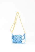 Load image into Gallery viewer, SCORE! Chrissy Small Designer Clear Crossbody Bag - Light Blue, Navy Blue and Yellow Gold
