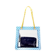 Load image into Gallery viewer, SCORE! Andrea Large Clear Designer Tote for School, Work, Travel- Light Blue, Navy Blue and  Yellow Gold
