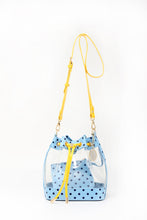 Load image into Gallery viewer, SCORE! Clear Sarah Jean Designer Crossbody Polka Dot Boho Bucket Bag-Light Blue, Navy Blue and Yellow Gold
