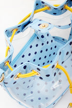 Load image into Gallery viewer, SCORE! Clear Sarah Jean Designer Crossbody Polka Dot Boho Bucket Bag-Light Blue, Navy Blue and Yellow Gold
