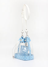 Load image into Gallery viewer, SCORE! Clear Sarah Jean Designer Crossbody Polka Dot Boho Bucket Bag-Light Blue and White
