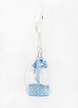 Load image into Gallery viewer, SCORE! Clear Sarah Jean Designer Crossbody Polka Dot Boho Bucket Bag-Light Blue and White
