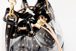 SCORE! Clear Sarah Jean Designer Crossbody Polka Dot Boho Bucket Bag-Black and Gold Gold