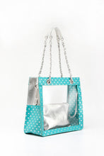 Load image into Gallery viewer, SCORE! Andrea Large Clear Designer Tote for School, Work, Travel - Turquoise and Silver
