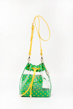 Load image into Gallery viewer, SCORE! Clear Sarah Jean Designer Crossbody Polka Dot Boho Bucket Bag-Bright Fern Green and Yellow Gold
