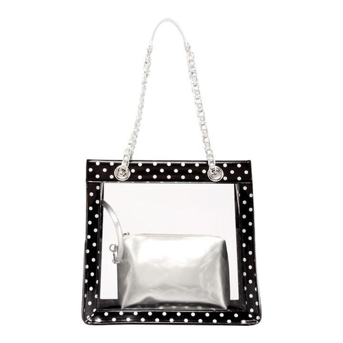SCORE! Andrea Large Clear Designer Tote for School, Work, Travel - Black and Silver