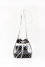 Load image into Gallery viewer, SCORE! Clear Sarah Jean Designer Crossbody Polka Dot Boho Bucket Bag- Black and Silver
