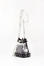 Load image into Gallery viewer, SCORE! Clear Sarah Jean Designer Crossbody Polka Dot Boho Bucket Bag- Black and Silver
