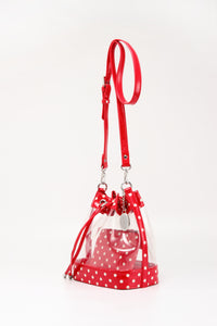 SCORE! Clear Sarah Jean Designer Crossbody Polka Dot Boho Bucket Bag-Red and White