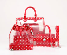 Load image into Gallery viewer, SCORE! Sarah Jean Small Crossbody Polka dot BoHo Bucket Bag- Red and White
