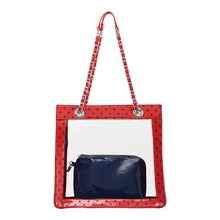 Load image into Gallery viewer, SCORE! Andrea Large Clear Designer Tote for School, Work, Travel - Racing Red and Navy Blue
