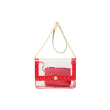Load image into Gallery viewer, SCORE! Chrissy Medium Designer Clear Cross-body Bag - Red and Olive Green
