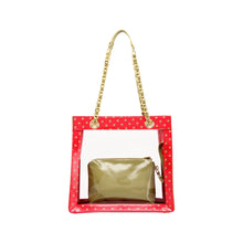 Load image into Gallery viewer, SCORE! Andrea Large Clear Designer Tote for School, Work, Travel- Racing Red and Olive Green
