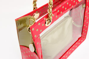 SCORE! Andrea Large Clear Designer Tote for School, Work, Travel- Racing Red and Olive Green