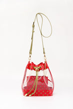 Load image into Gallery viewer, SCORE! Clear Sarah Jean Designer Crossbody Polka Dot Boho Bucket Bag-Red and Olive Green
