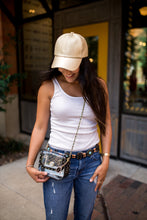 Load image into Gallery viewer, SCORE! Chrissy Small Designer Clear Crossbody Bag - Black and Gold Gold
