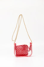 Load image into Gallery viewer, SCORE! Chrissy Small Designer Clear Crossbody Bag - Red and Gold

