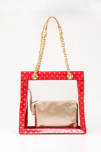 Load image into Gallery viewer, SCORE! Andrea Large Clear Designer Tote for School, Work, Travel - Red and Gold
