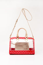Load image into Gallery viewer, SCORE! Moniqua Large Designer Clear Crossbody Satchel - Red and Gold
