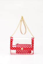 Load image into Gallery viewer, SCORE! Chrissy Medium Designer Clear Cross-body Bag -Racing Red, White and Metallic Gold
