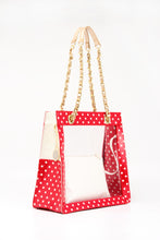 Load image into Gallery viewer, SCORE! Andrea Large Clear Designer Tote for School, Work, Travel - Racing Red, White and Gold

