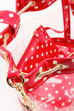 Load image into Gallery viewer, SCORE! Clear Sarah Jean Designer Crossbody Polka Dot Boho Bucket Bag-Red, White and Gold
