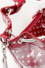 Load image into Gallery viewer, SCORE! Clear Sarah Jean Designer Crossbody Polka Dot Boho Bucket Bag-Maroon Crimson and Silver
