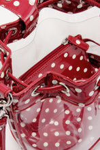 Load image into Gallery viewer, SCORE! Clear Sarah Jean Designer Crossbody Polka Dot Boho Bucket Bag-Maroon Crimson and White
