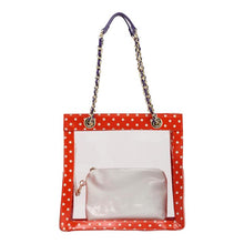 Load image into Gallery viewer, SCORE! Andrea Large Clear Designer Tote for School, Work, Travel - Orange, White and Royal Purple
