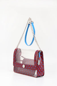 SCORE! Chrissy Medium Designer Clear Cross-body Bag - Maroon and Blue