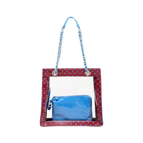 SCORE! Andrea Large Clear Designer Tote for School, Work, Travel - Maroon and Blue