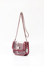 Load image into Gallery viewer, SCORE! Chrissy Small Designer Clear Crossbody Bag - Maroon and Lavender
