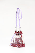 Load image into Gallery viewer, SCORE! Clear Sarah Jean Designer Crossbody Polka Dot Boho Bucket Bag-Maroon and Lavender
