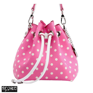 SCORE! Sarah Jean Small Crossbody Polka dot BoHo Bucket Bag - Pink and White