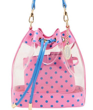 Load image into Gallery viewer, SCORE! Clear Sarah Jean Designer Crossbody Polka Dot Boho Bucket Bag-Pink and Blue
