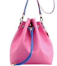 Load image into Gallery viewer, SCORE! Sarah Jean Crossbody Large BoHo Bucket Bag - Pink and Blue
