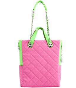SCORE!'s Kat Travel Tote for Business, Work, or School Quilted Shoulder Bag - Pink and Lime Green